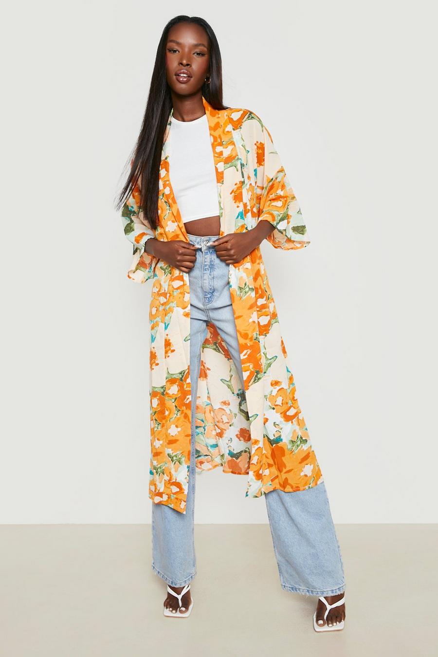 Kimono à ceinture et imprimé fleuri, Orange
