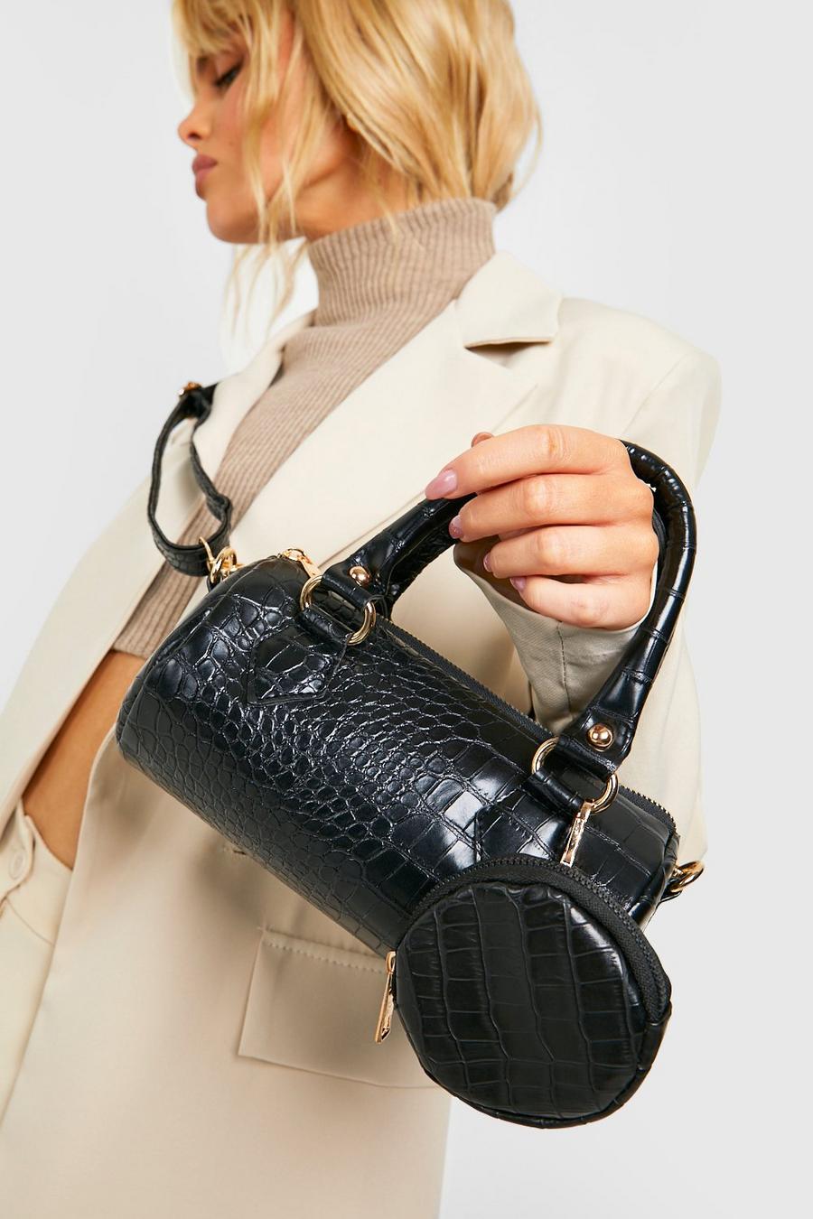 Black Väska med krokodilskinnseffekt och plånbok image number 1