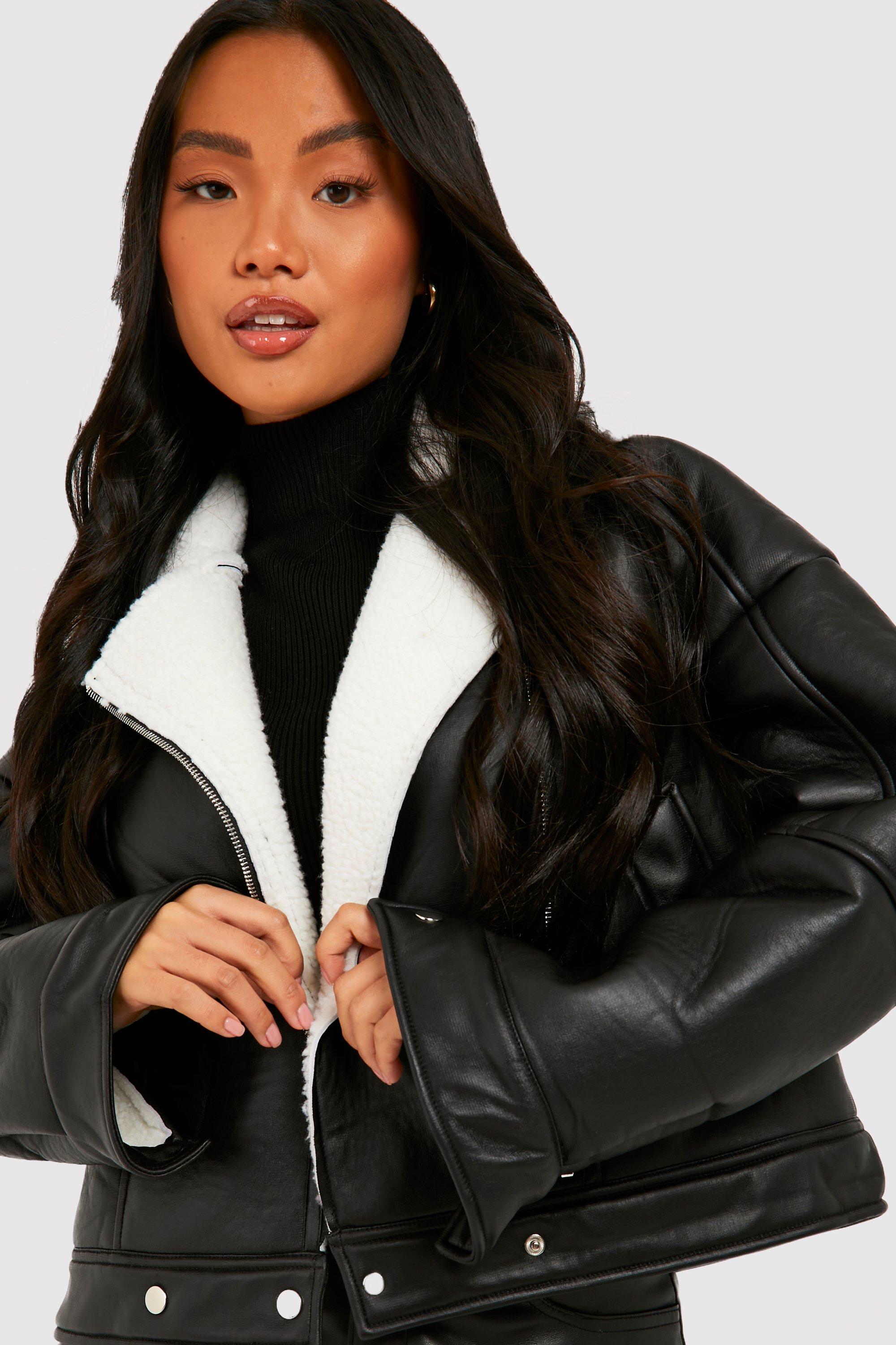 Petite Black Faux Leather Aviator Jacket