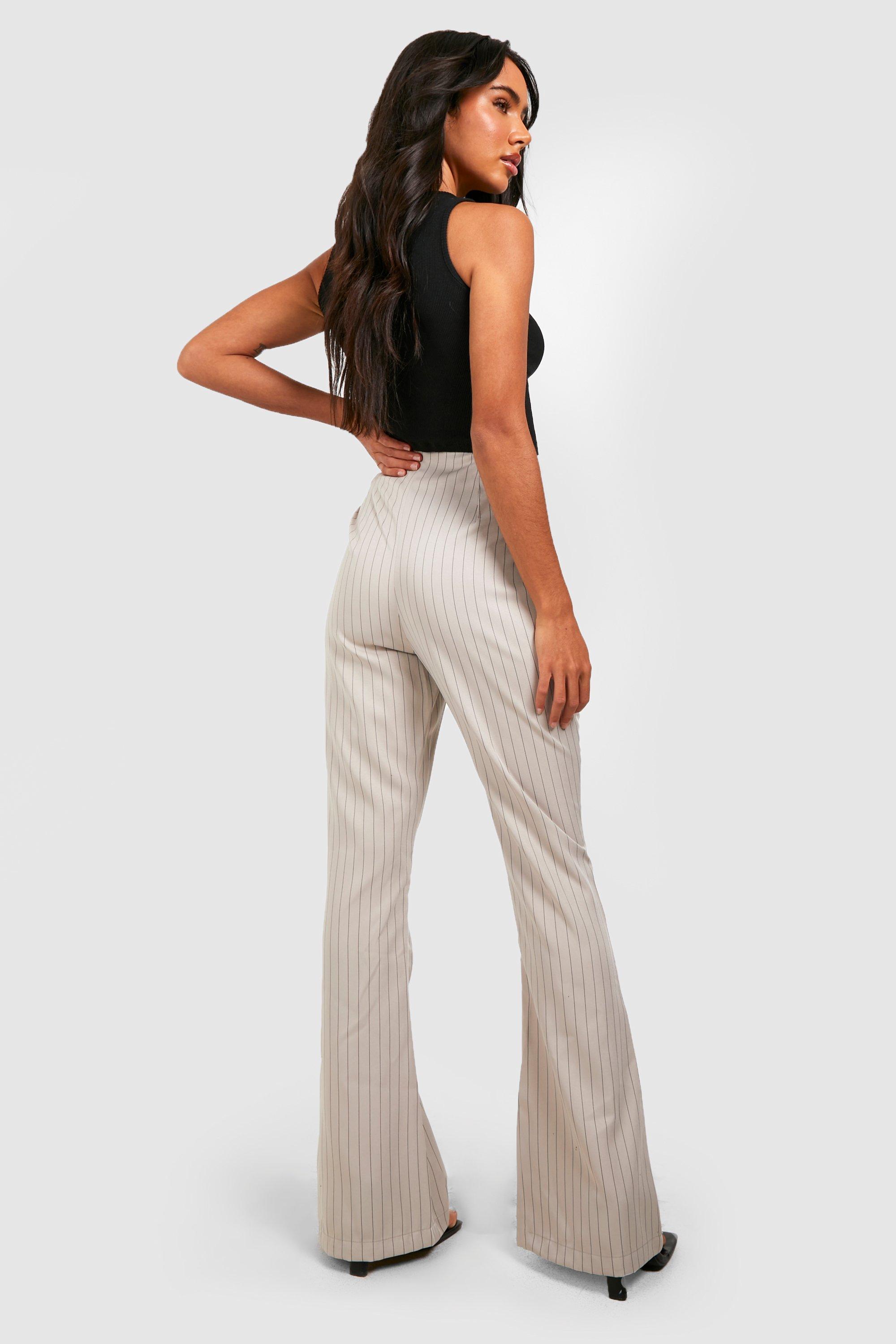 Jawbreaker High-Waisted Striped Buckle Belt Flare Pants - Black Pinstripe