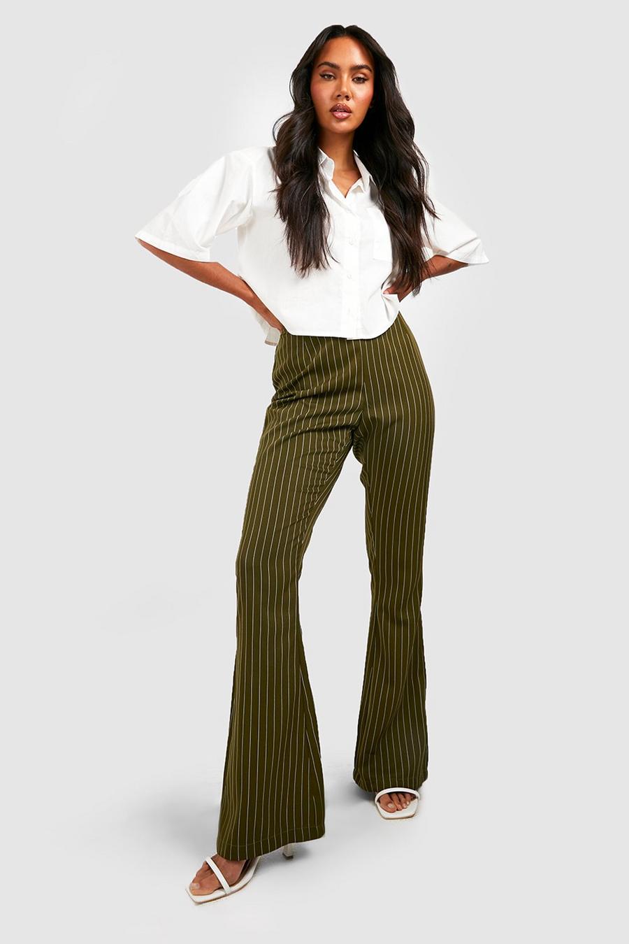 Khaki Pinstripe High Waisted Flared Trousers image number 1