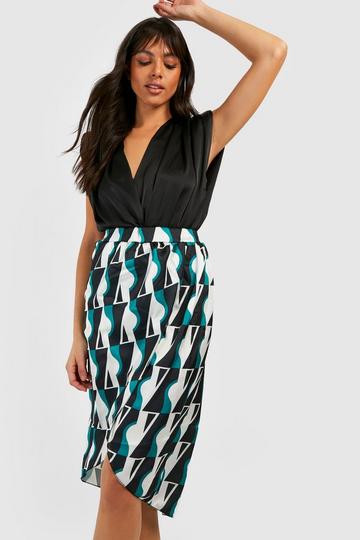 Geo Satin Wrap Midi Skirt black