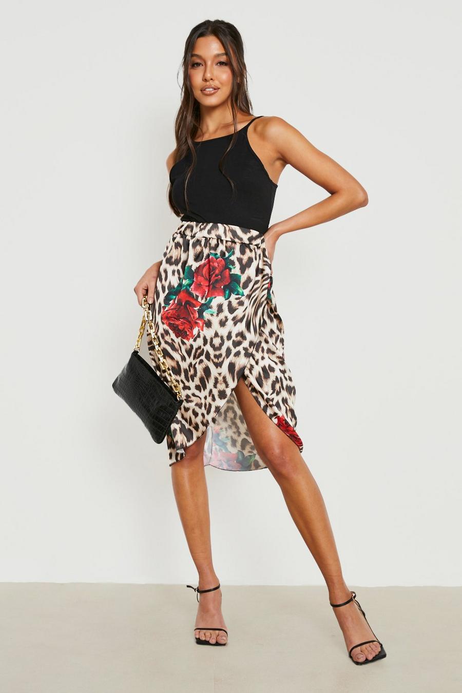 Tan Floral Leopard Satin Wrap Midi Skirt image number 1