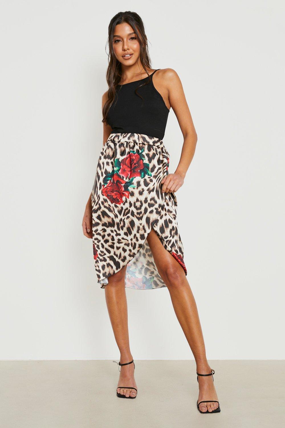 Floral Leopard Satin Wrap Midi Skirt | boohoo