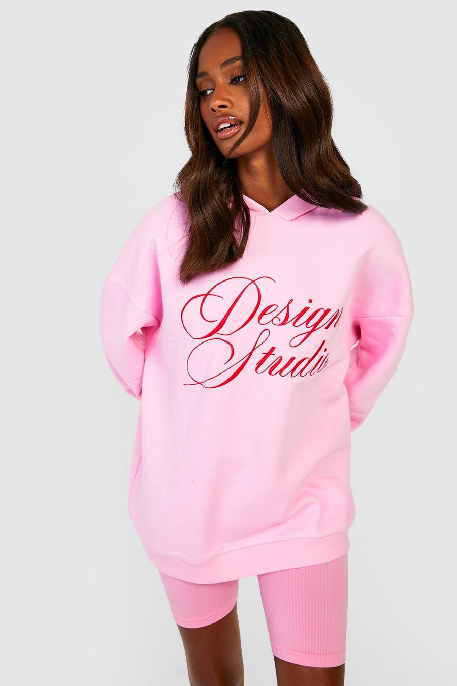 Pink Embroidered Slogan Oversized Hoodie image number 1