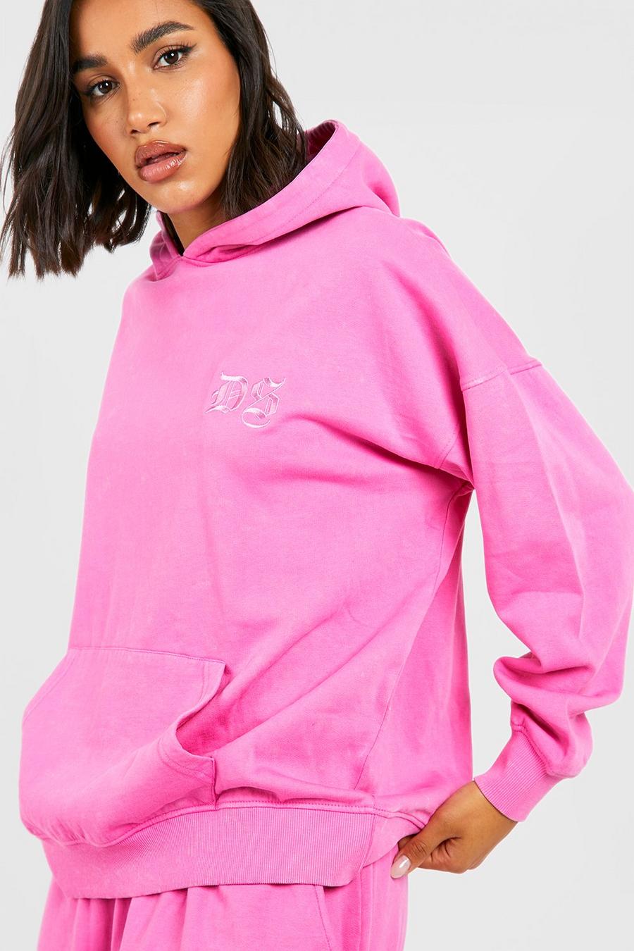 Women's Pink Acid Wash Embroidered Oversized Hoodie | Boohoo UK