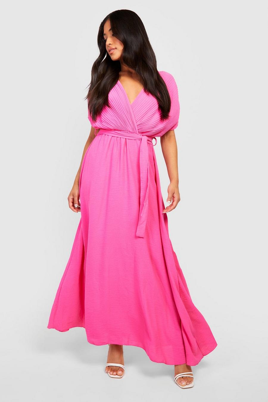 Hot pink Petite Plisse Wrap Belted Maxi Dress image number 1
