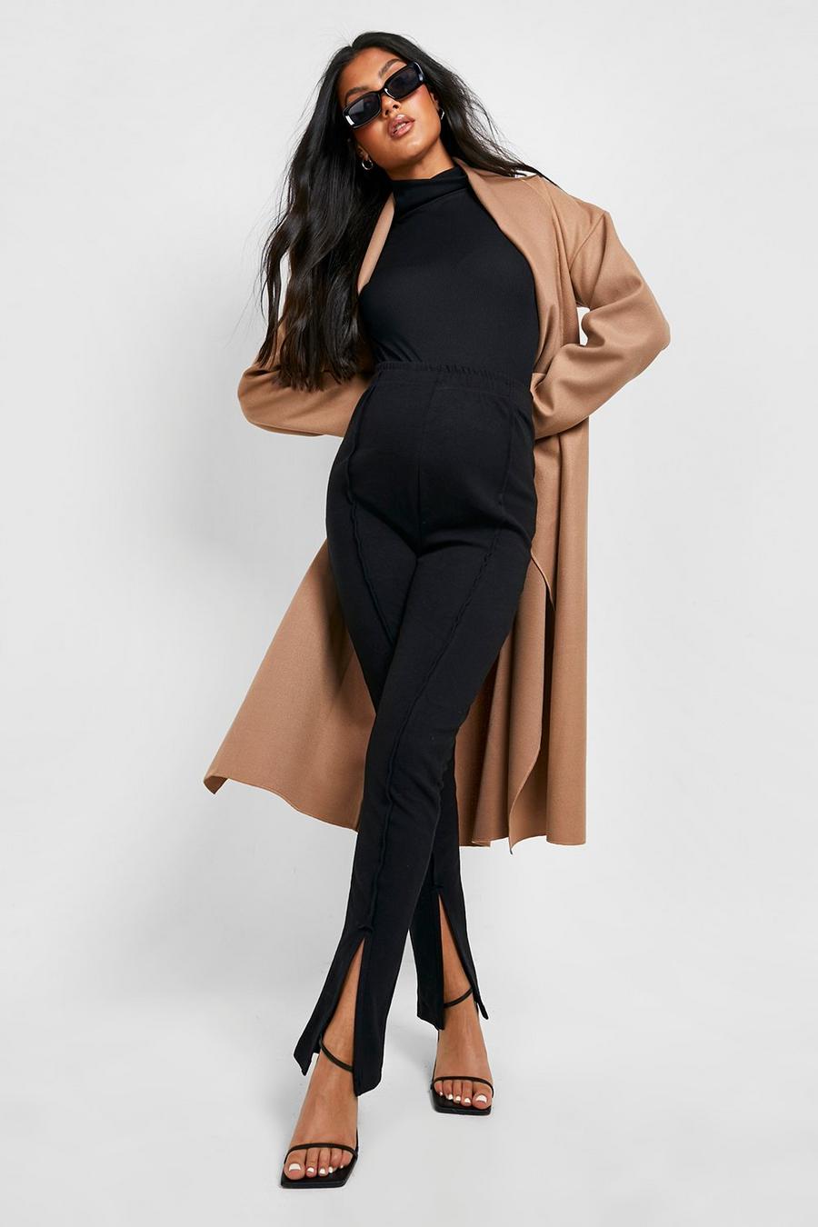 Black Maternity Premium Rib Split Front Leggings image number 1
