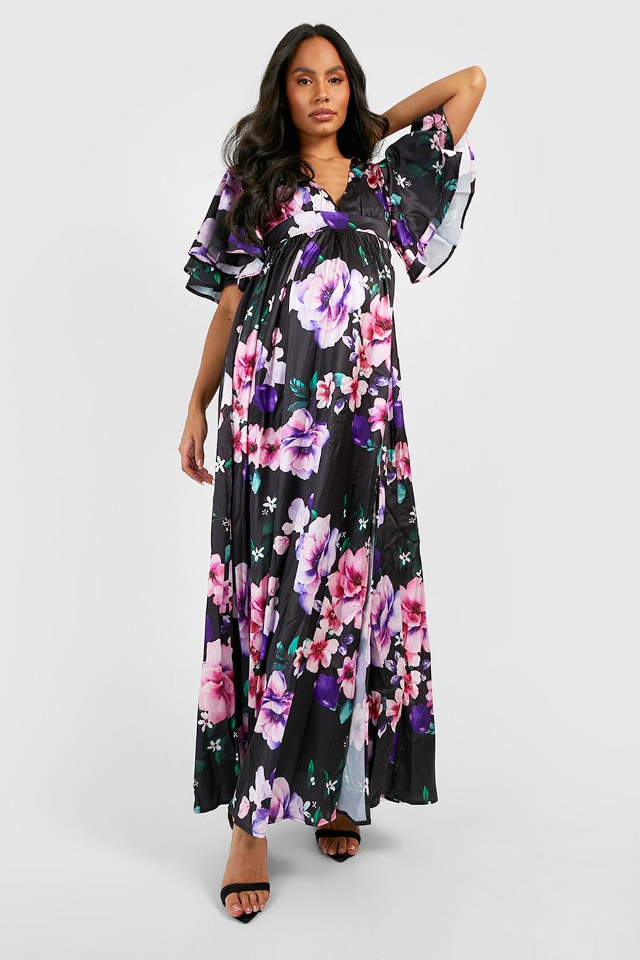Black Maternity Occasion Floral Maxi Dress image number 1