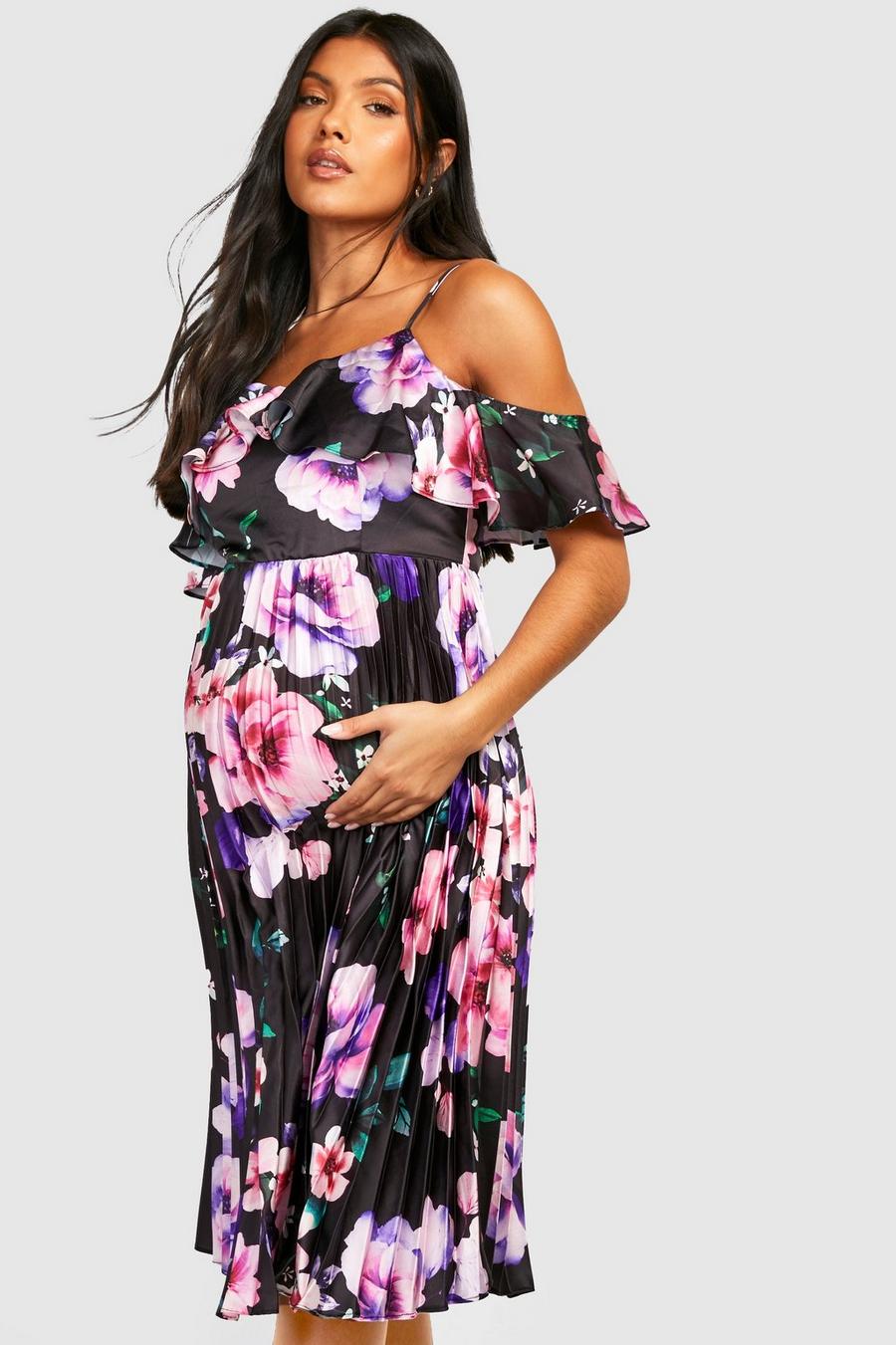 Black Maternity Occasion Floral Pleated Midi Dress