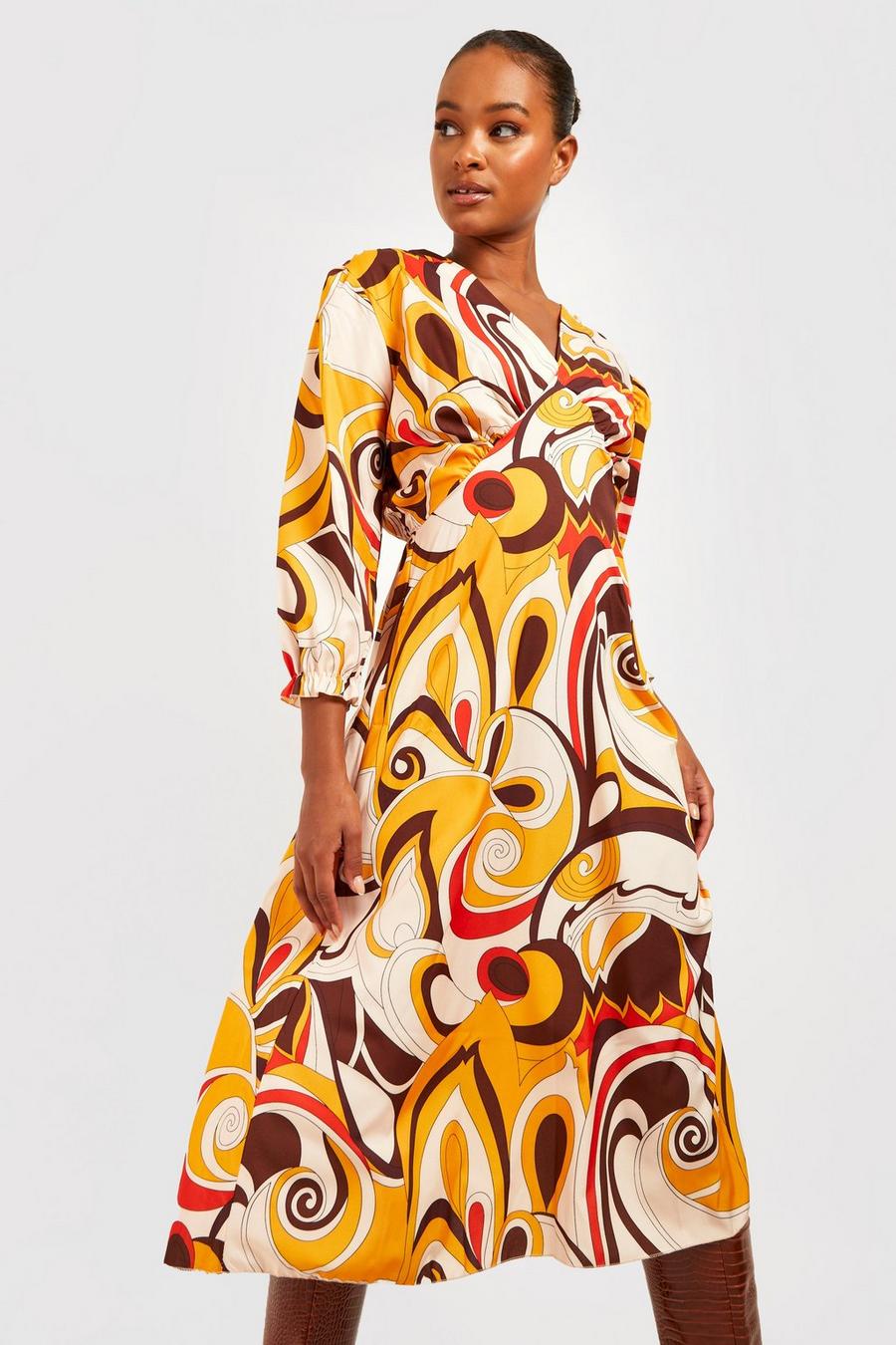 Brown Tall Retro Abstract V Neck Midi Swing  Dress image number 1