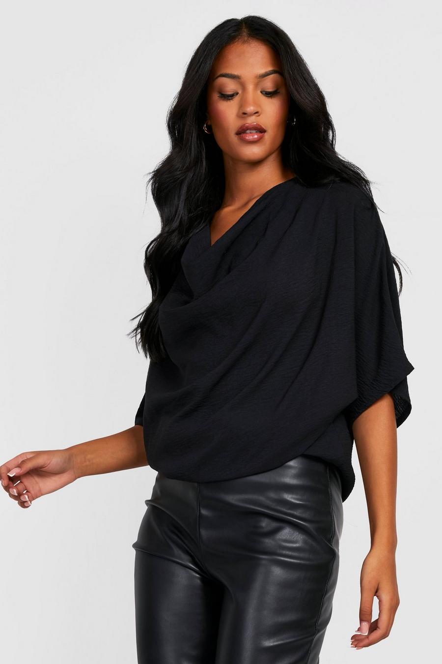 Black Tall Cowl Neck Angel Sleeve Blouse image number 1