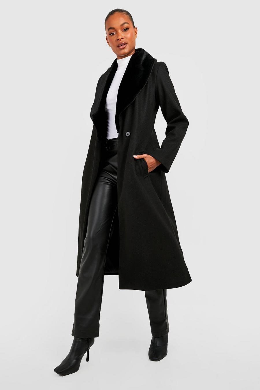Black Tall Faux Fur Wool Look Wrap Oversized Coat image number 1