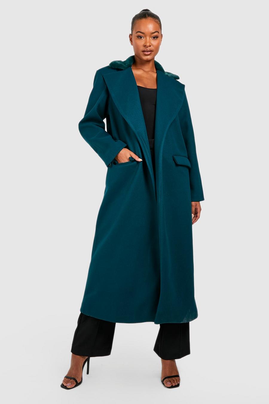 Bottle green Tall Faux Fur Trim Wool Look Oversized Coat