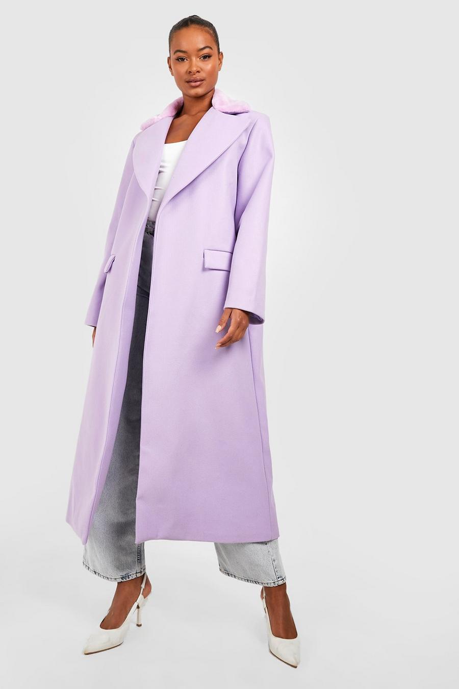 Lilac morado Tall Faux Fur Trim Wool Look Oversized Coat
