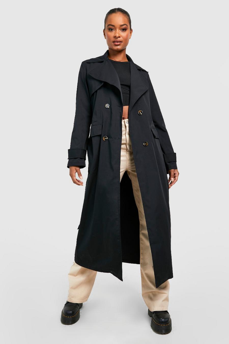שחור מעיל טרנץ' אוברסייז עם חגורה, לנשים גבוהות image number 1