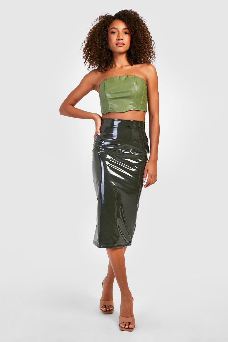 Khaki Tall Vinyl Midi Skirt