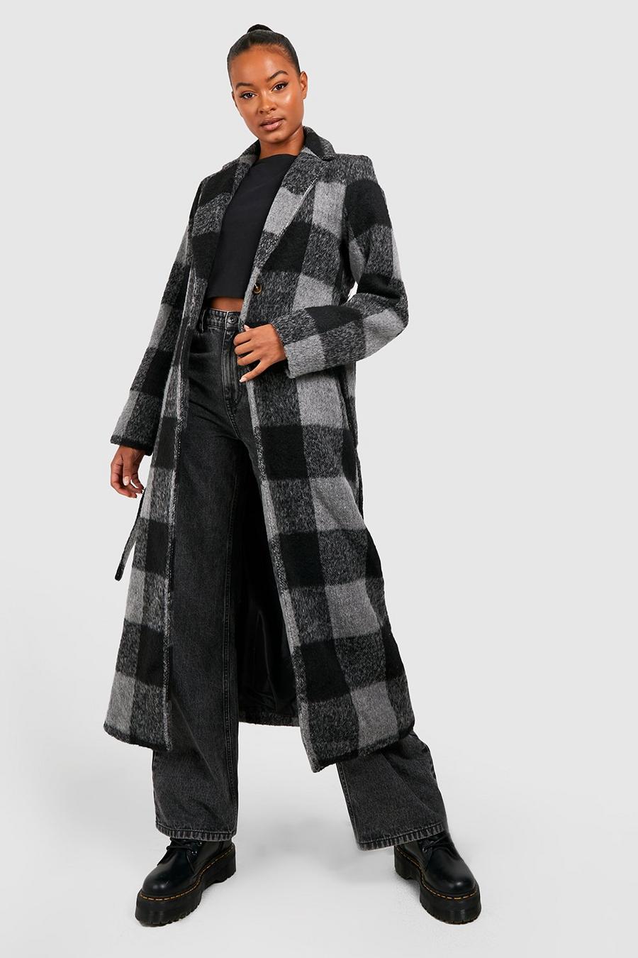 Grey Tall  Oversized Check Belted Wool Look Coat  image number 1