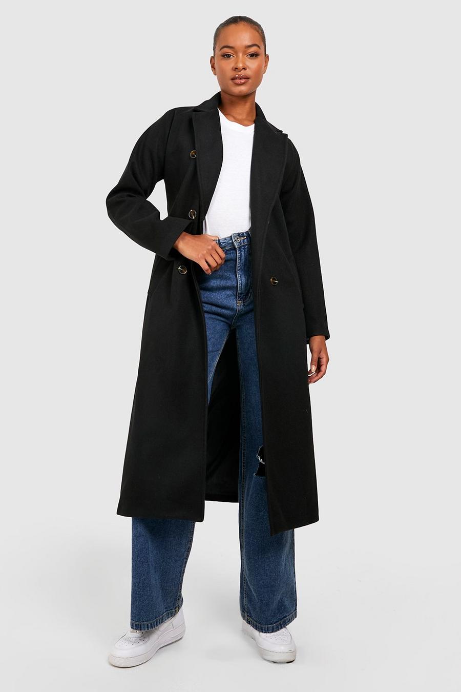 Black Tall Belted Double Breasted Wool Look Coat image number 1