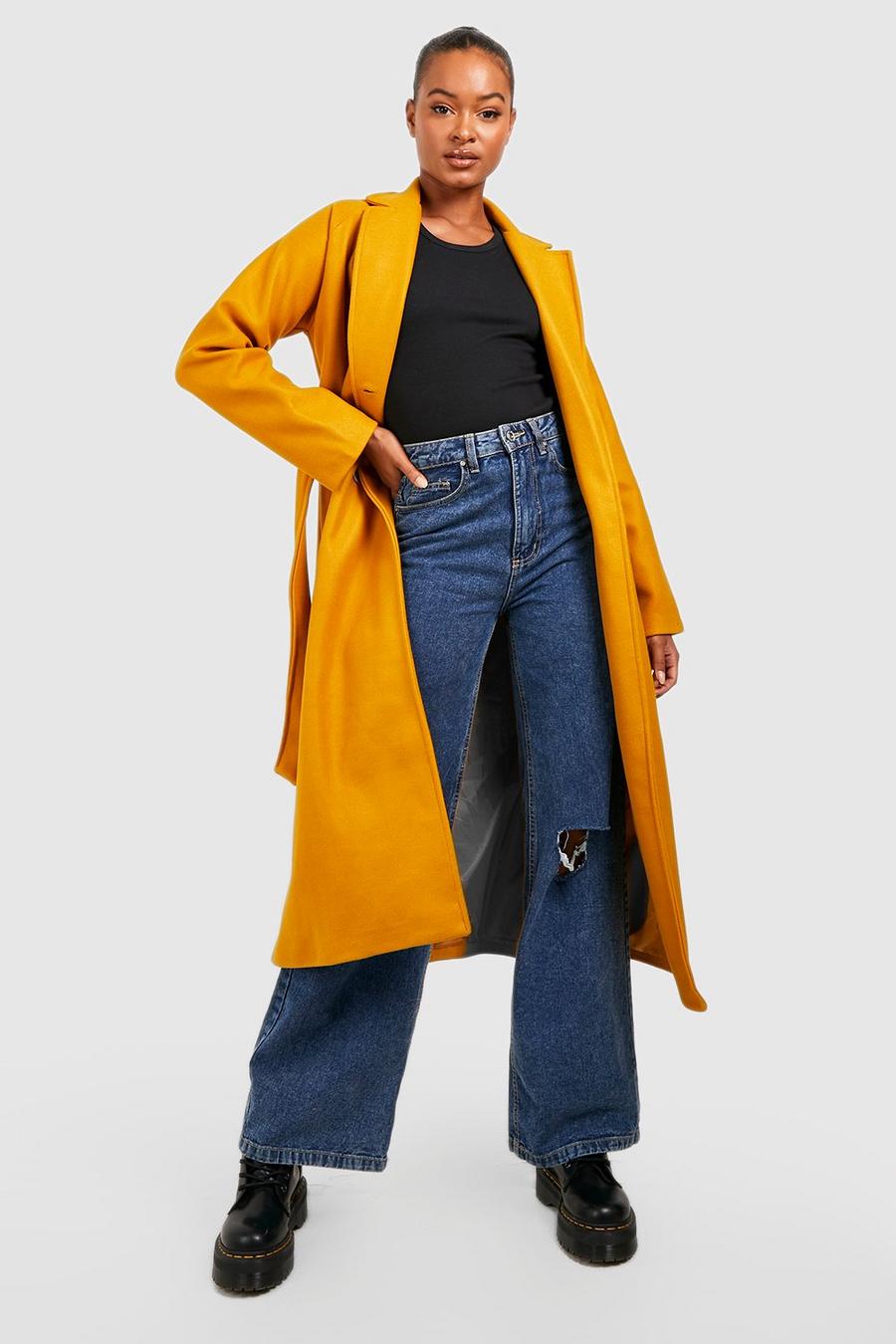 Mustard Tall Belted Double Breasted Wool Look Coat image number 1