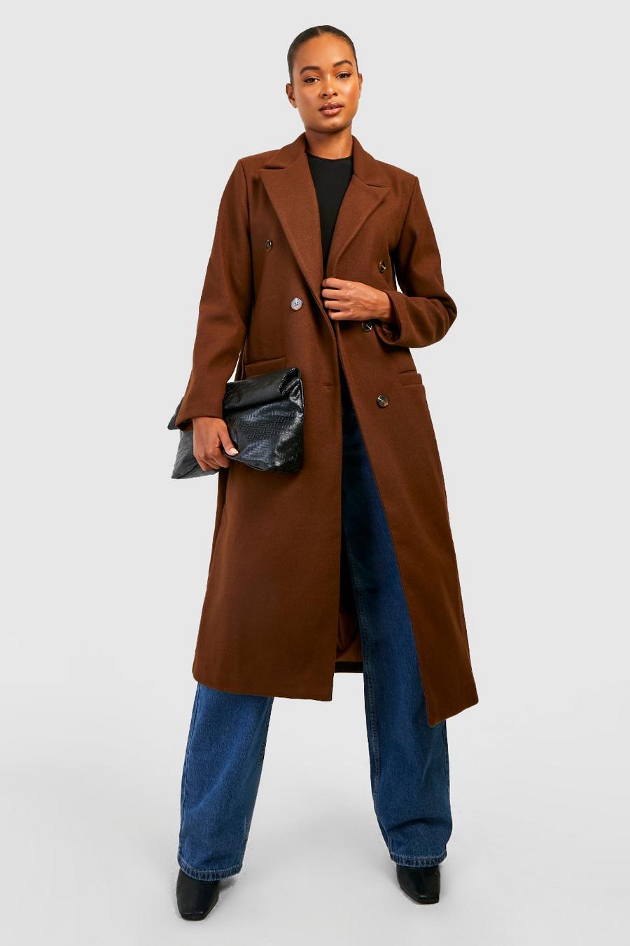 Chocolate marron Tall Simple Double Breasted Wool Look Coat