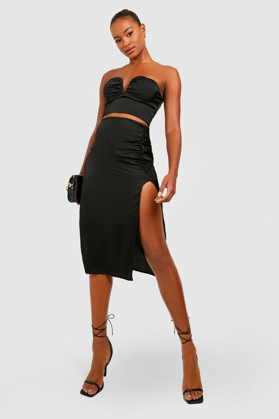 Black Tall Satin Ruched Front Slit Midi Skirt image number 1