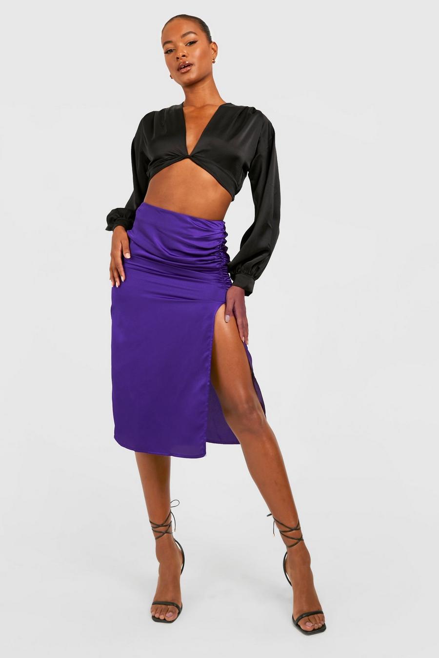 Purple Tall Satin Ruched Front Slit Midi Skirt image number 1