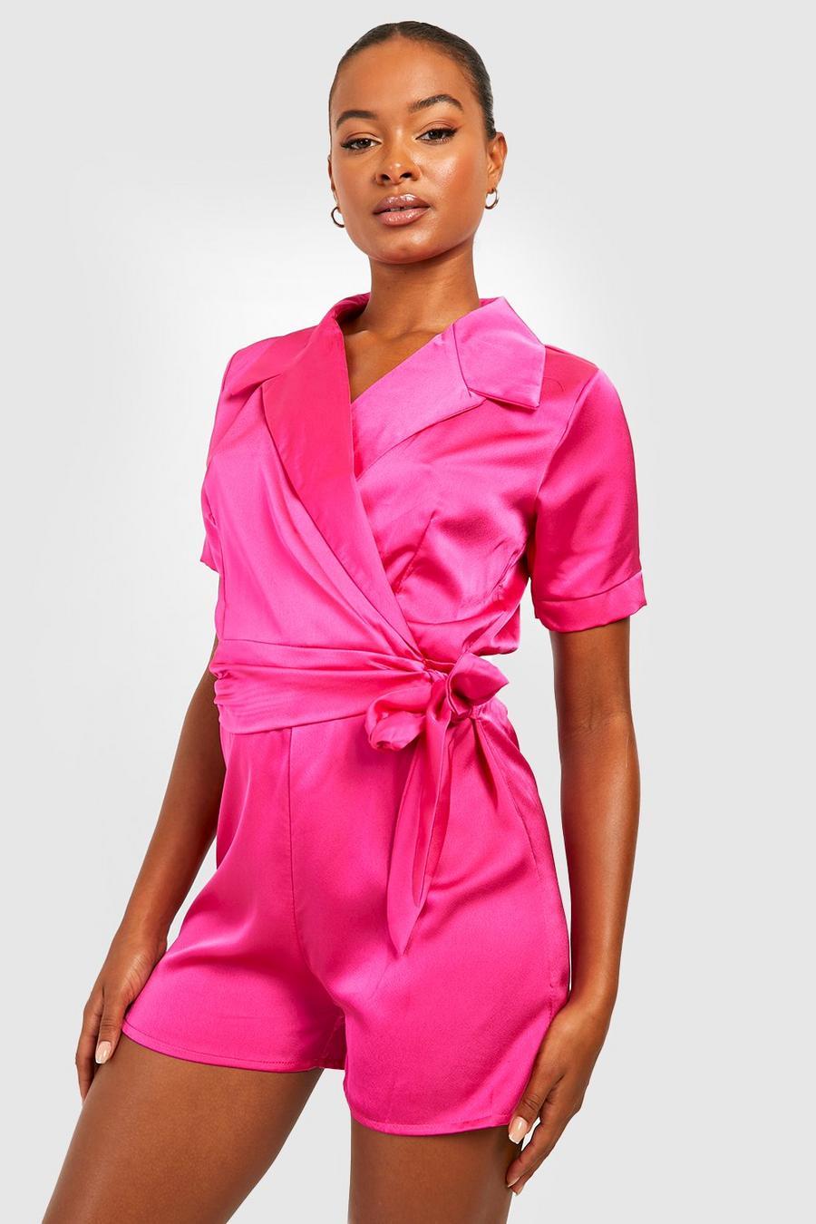 Hot pink Tall Satin Revere Collar Tie Waist Playsuit