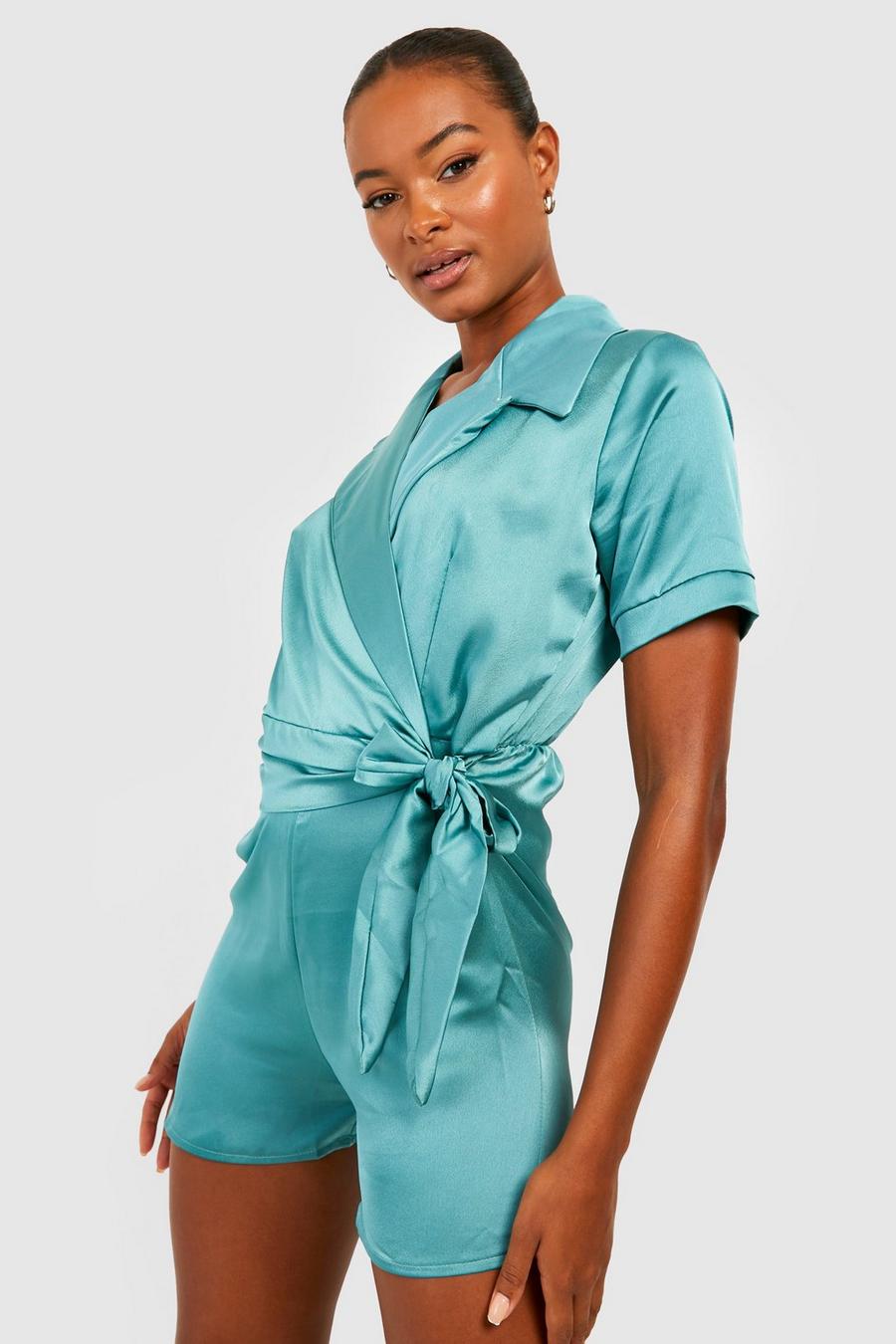 Teal Tall Satin Revere Collar Tie Waist Playsuit image number 1