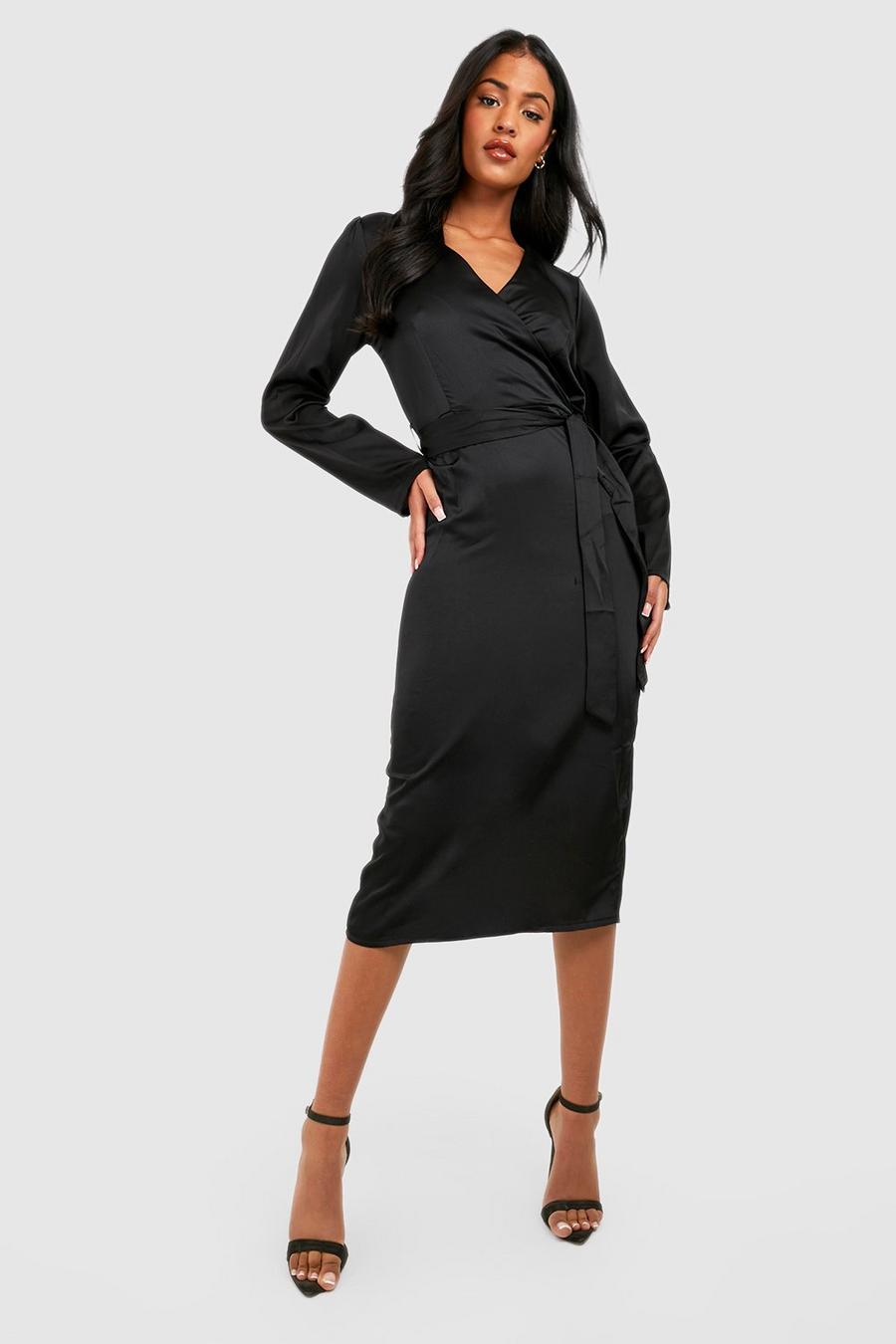 Black Tall Satin Wrap Belted Midi Dress image number 1