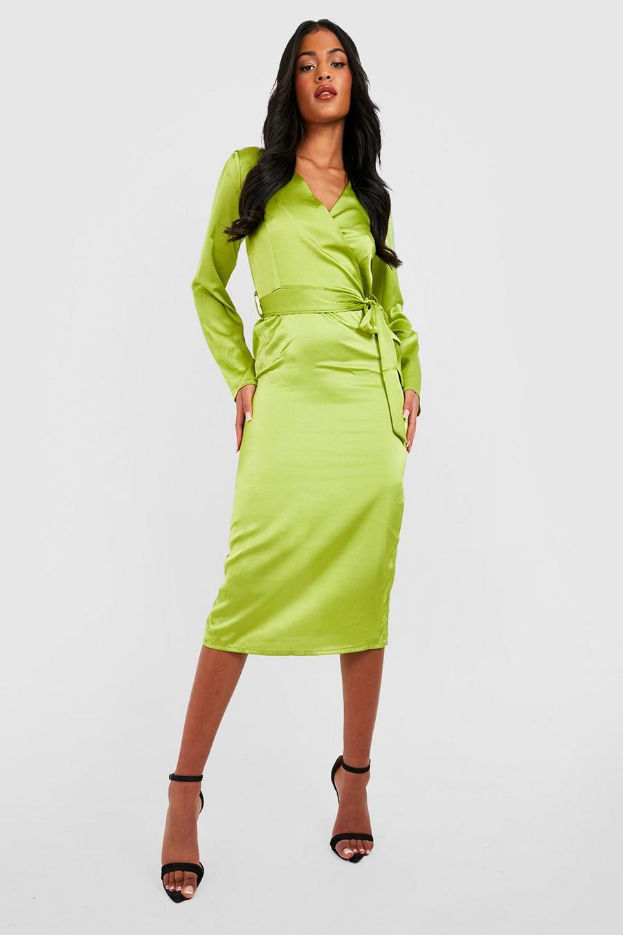 Lime Tall Satin Wrap Belted Midi Dress image number 1