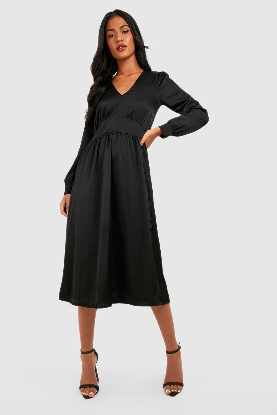 Black Tall Satin Volume Sleeve Midi Dress image number 1