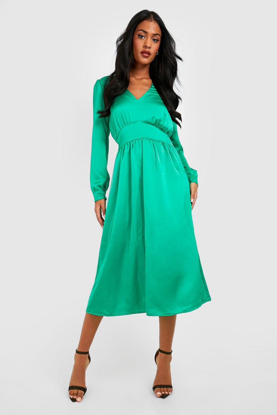 Emerald Tall Satin Puff Sleeve Midi Dress image number 1