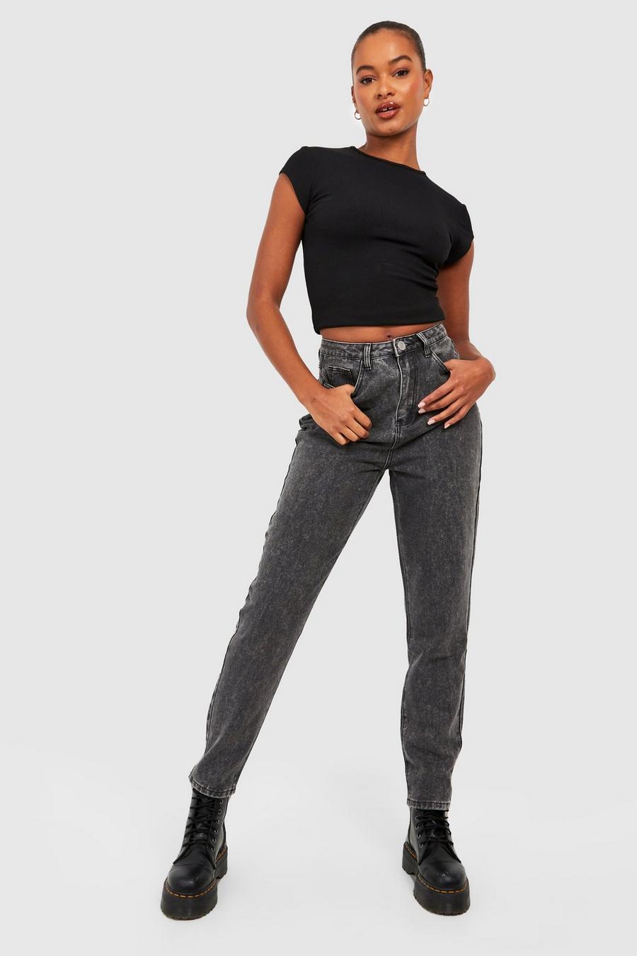 Tall klassische Mom-Jeans mit Acid-Waschung und hohem Bund, Acid wash black image number 1