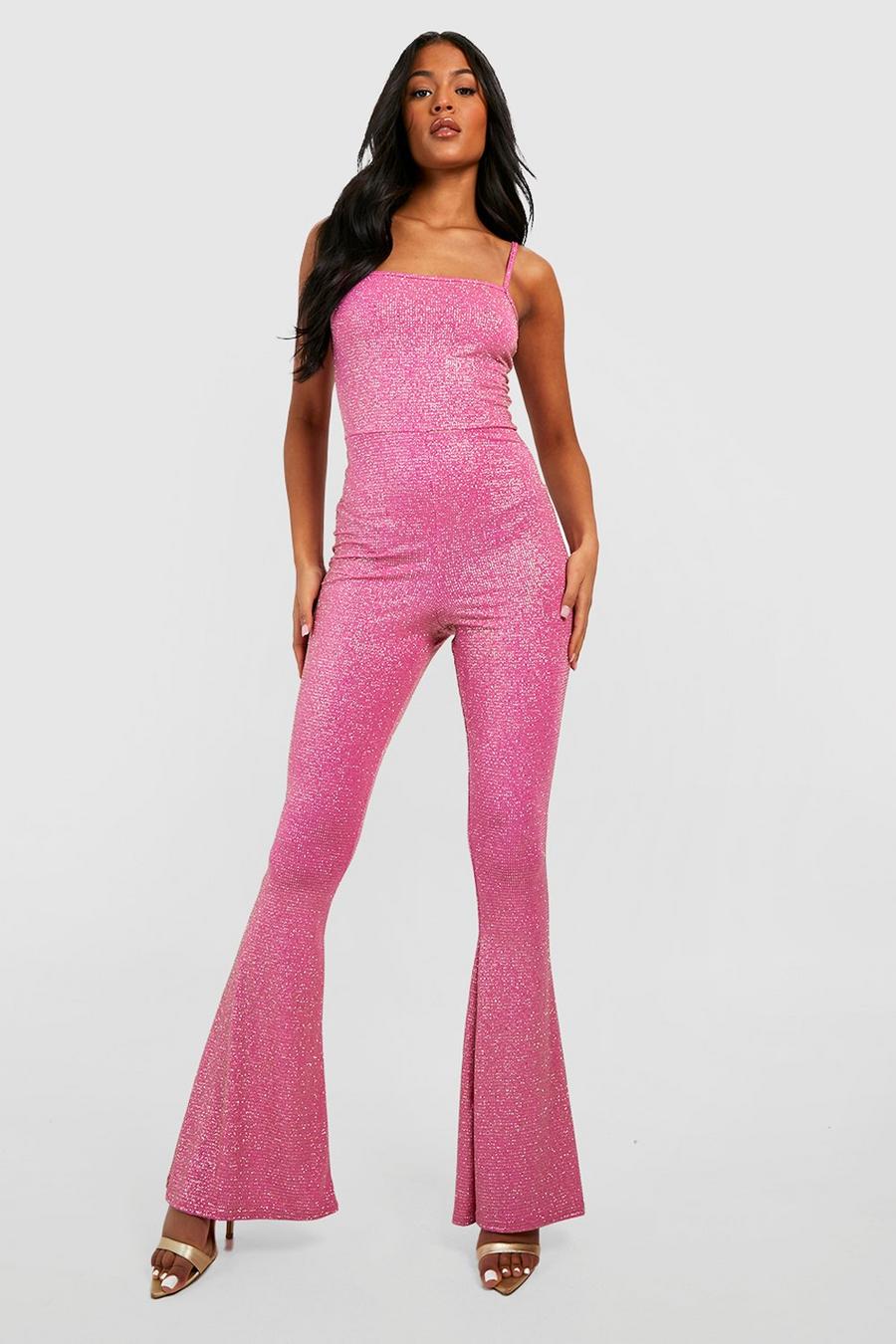 Hot pink rosa Tall Shimmer Glitter Strappy Jumpsuit image number 1
