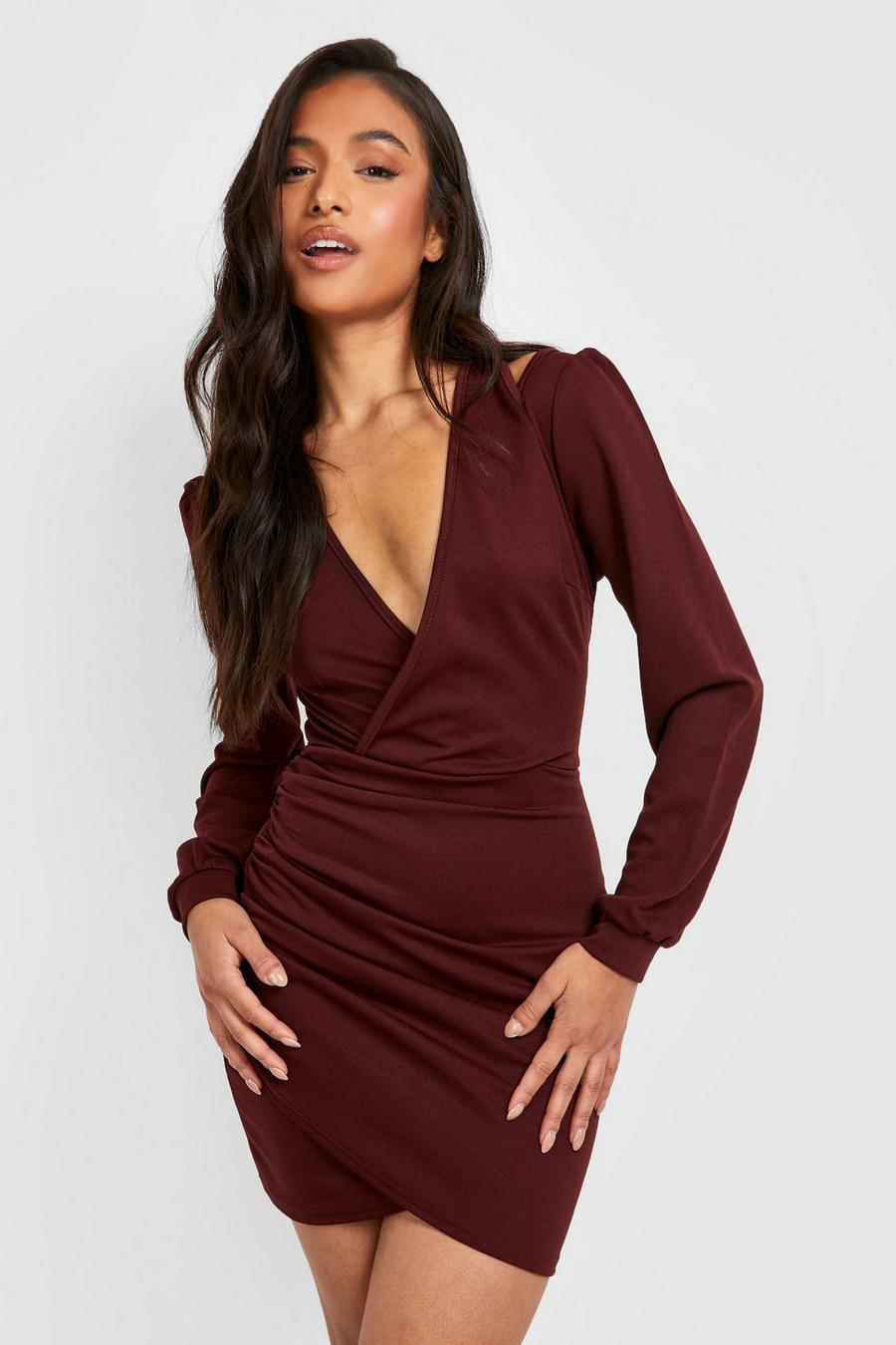 Chocolate Petite Cut Out Wrap Puff Sleeve Mini Dress image number 1