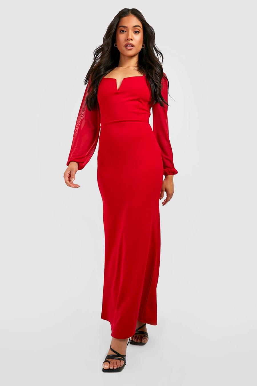 Red röd Petite V Bar Volume Mesh Sleeve Maxi Dress image number 1