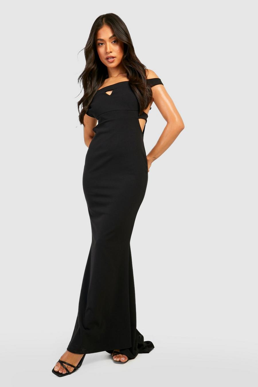 שחור שמלת מקסי בסגנון ברדו עם עיטור רצועה ושובל, פטיט image number 1