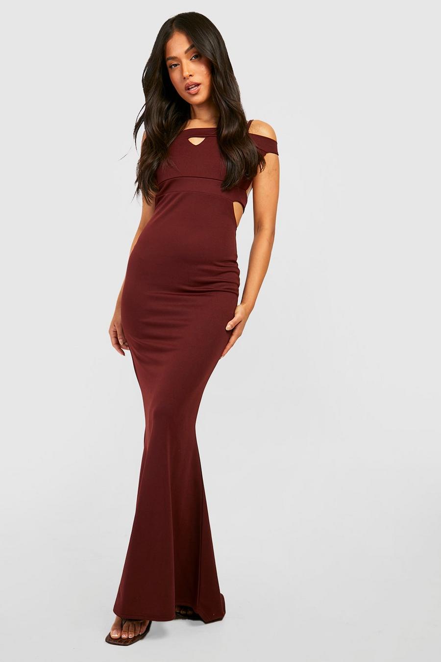Chocolate brown Petite Strap Detail Off The Shoulder Train Maxi Dress