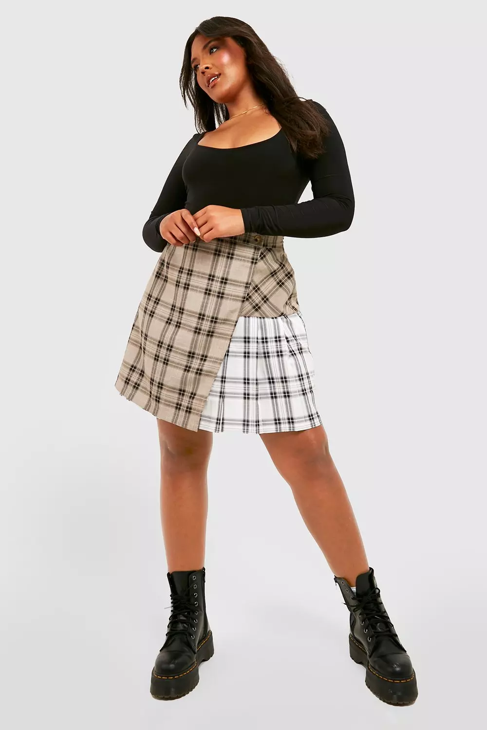 Tan black and outlet white plaid skirt