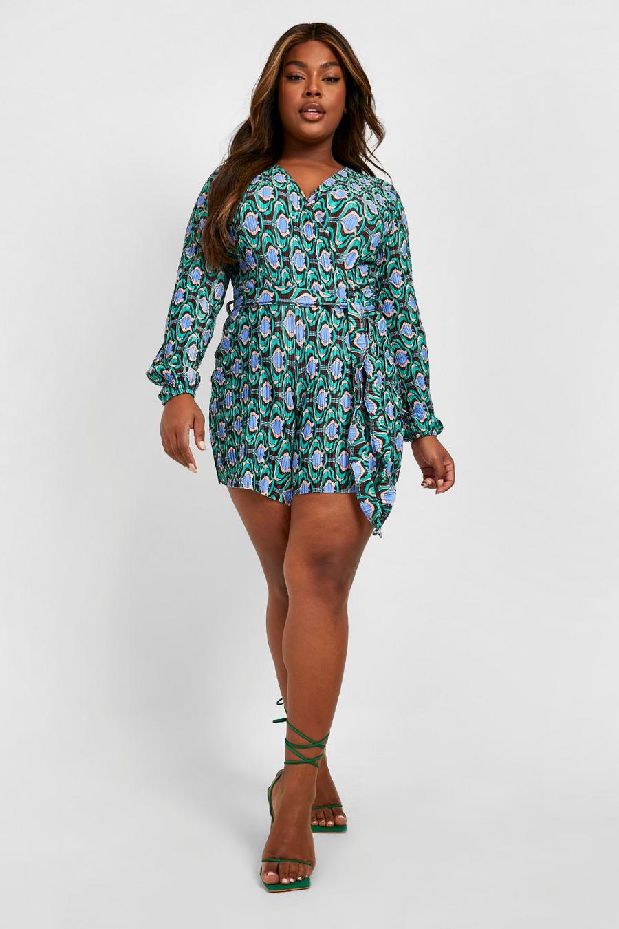 Green Plus Abstract Plisse Belted Romper image number 1