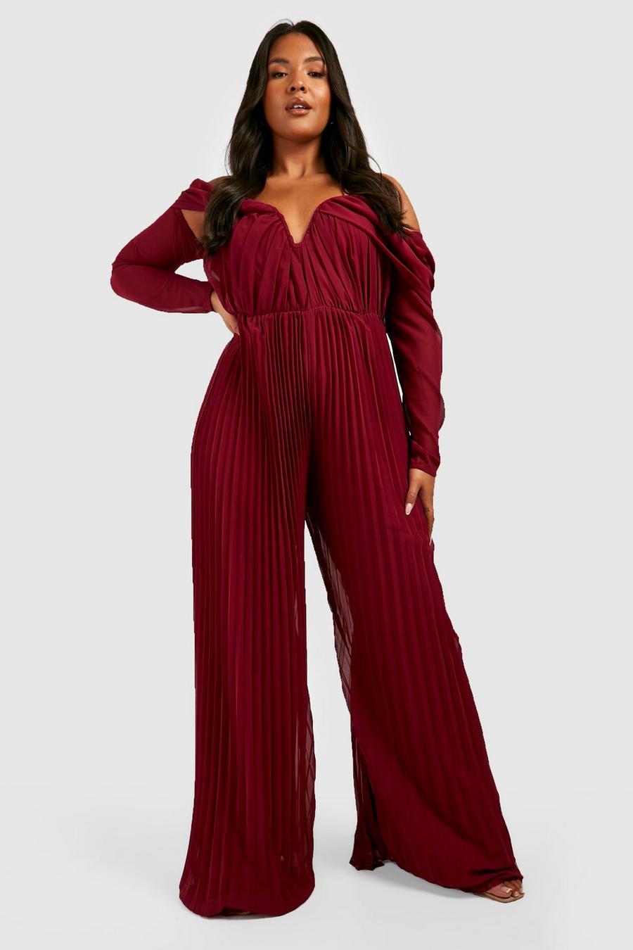 Berry red Plus Pleated Chiffon Off The Shoulder Jumpsuit