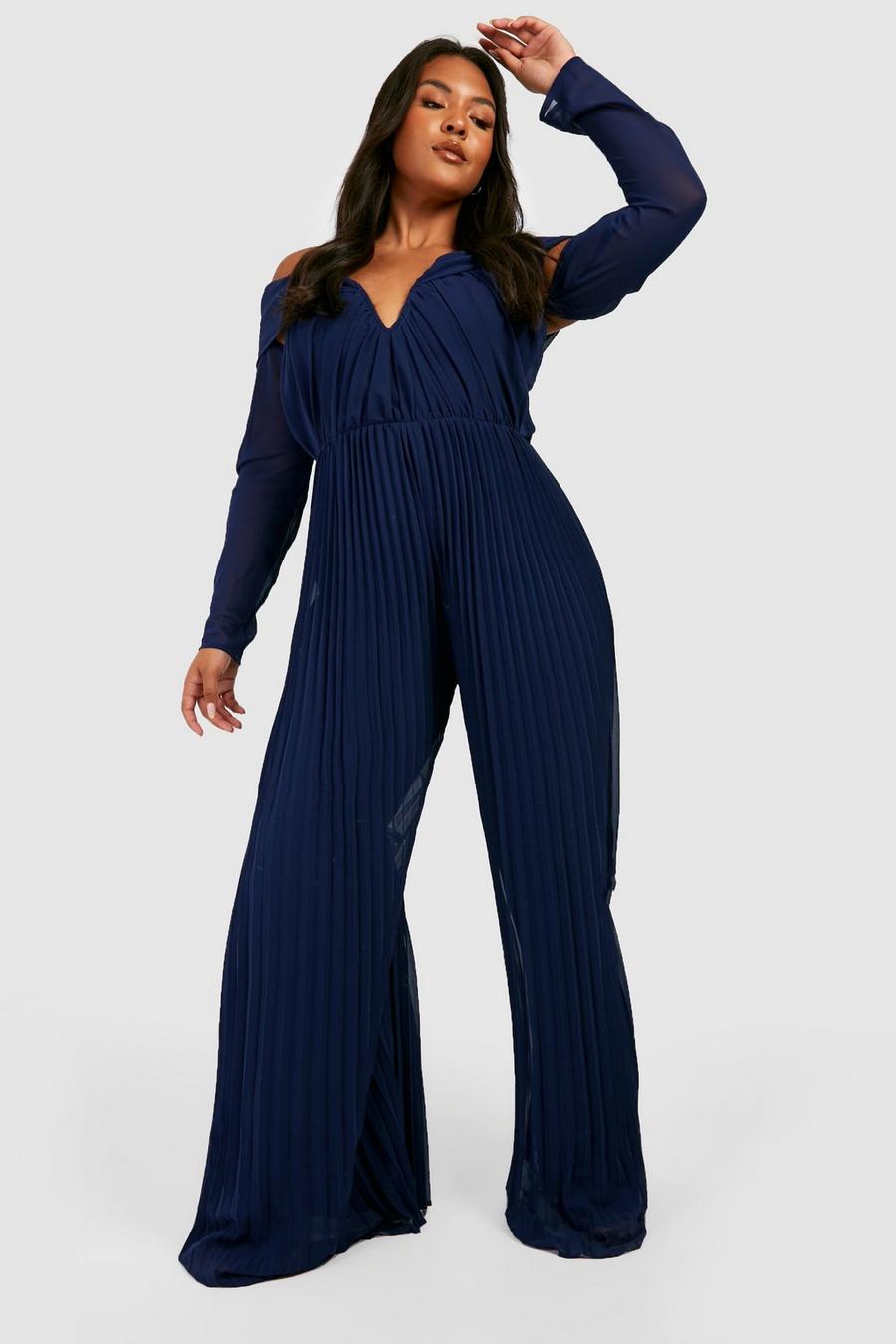 Navy Plus Pleated Chiffon Off The Shoulder Jumpsuit image number 1