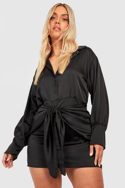 boohoo black Plus Satin Wrap Shirt Dress