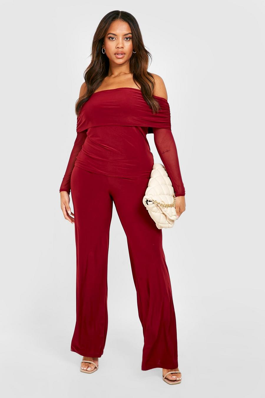 Wine Plus Off The Shoulder Mesh Wide Leg Pants Two-Piece image number 1