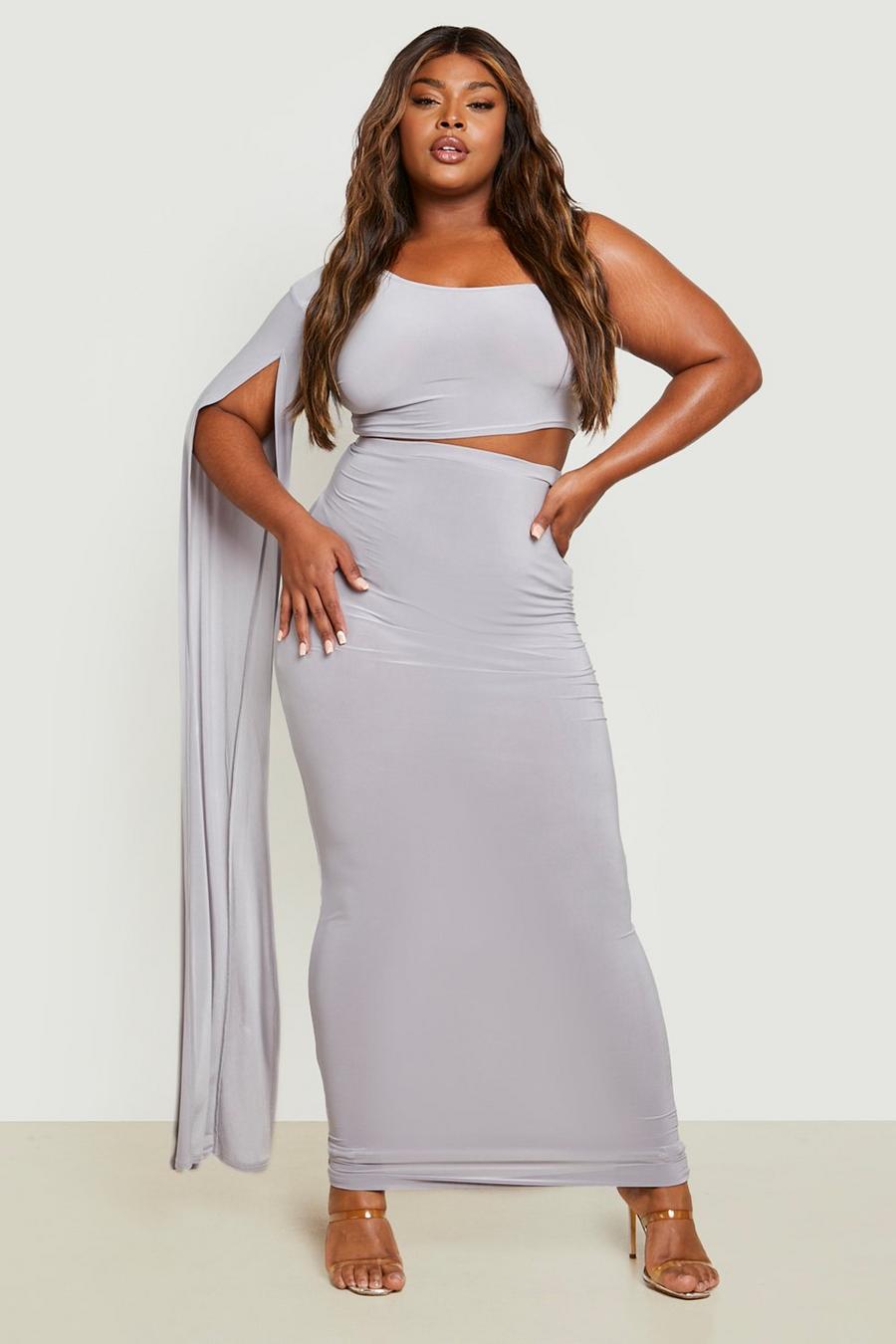 Grey Plus Cape Detail Maxi Skirt Co-ord image number 1