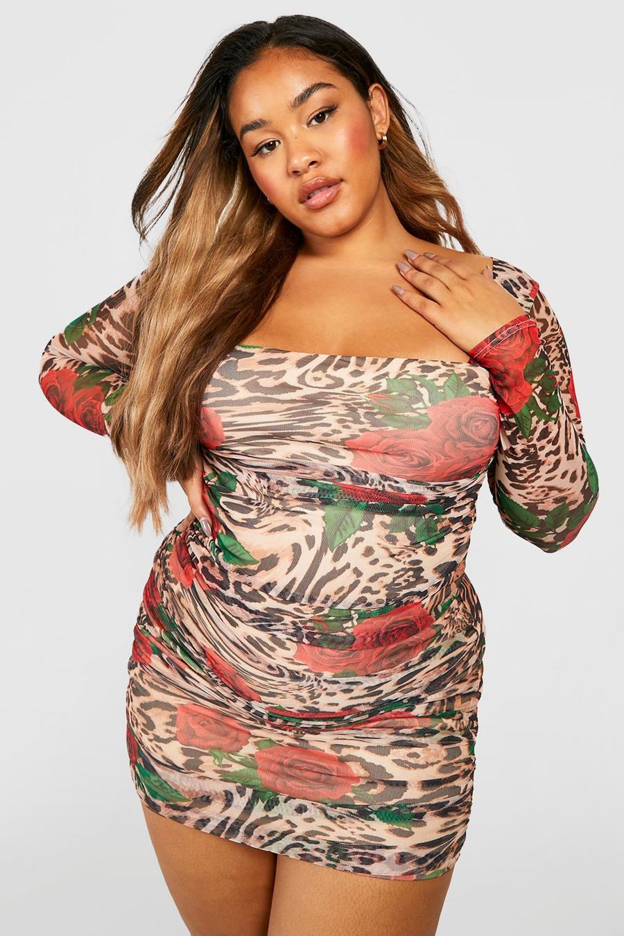 Plus Leopard Floral Mesh Ruched Bodycon Dress image number 1