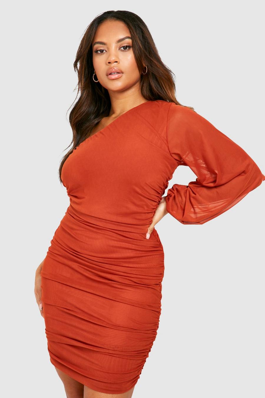 Rust Plus Mesh Blouson Ruched Bodycon Dress image number 1