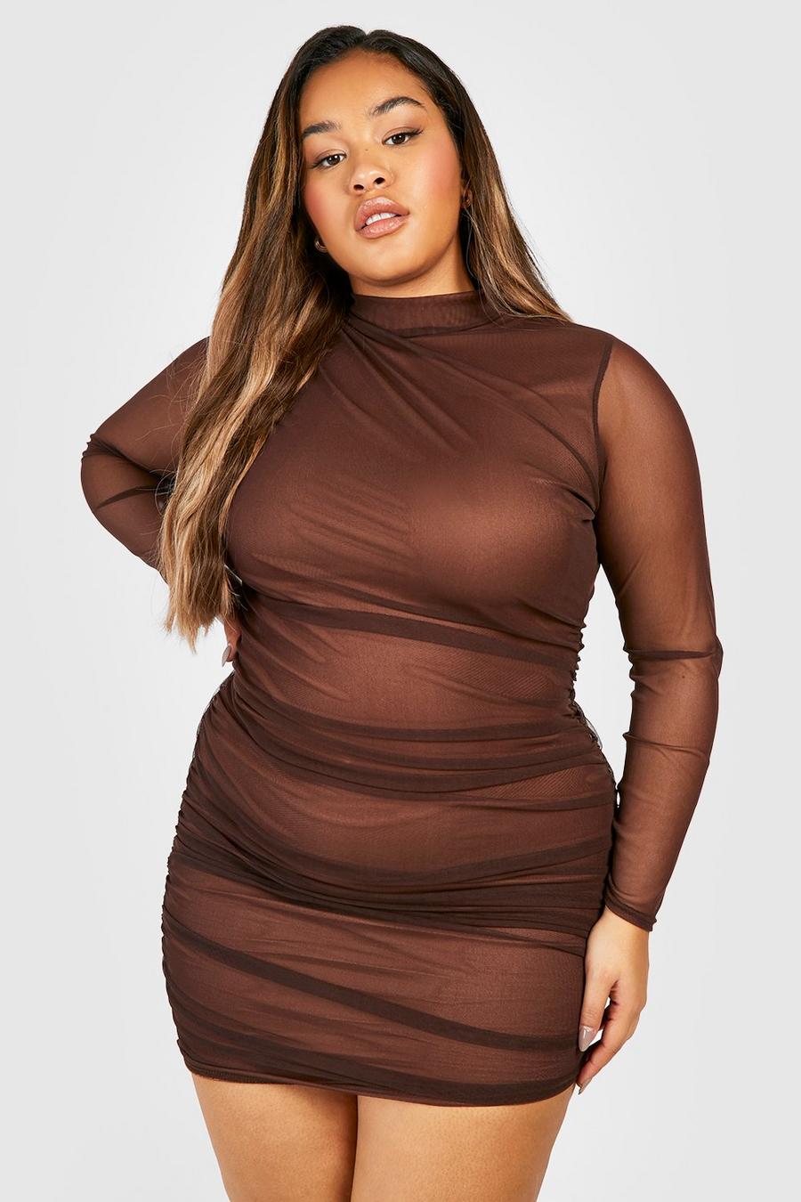 Grande taille - Robe froncée en mesh à manches longues, Chocolate brown image number 1