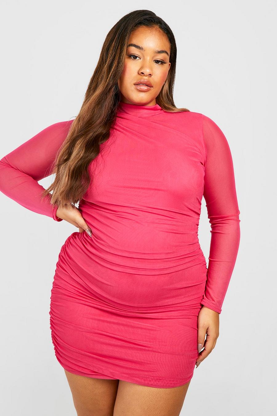 Hot pink Plus Mesh Long Sleeve Ruched Dress